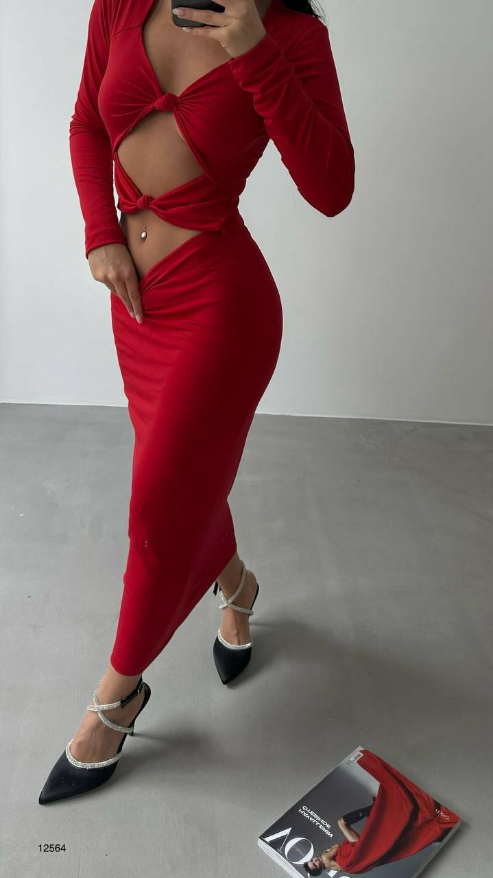 Cut Out Knot Detail Midi Length Dress Red - Noxlook.