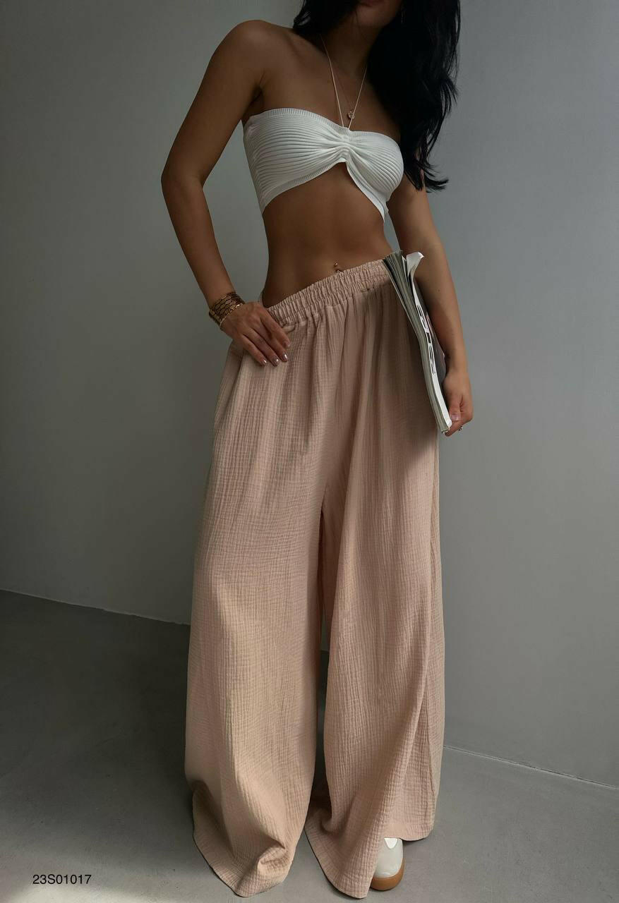 Thick Belt Super Wide Leg Linen Trousers Beige - Noxlook