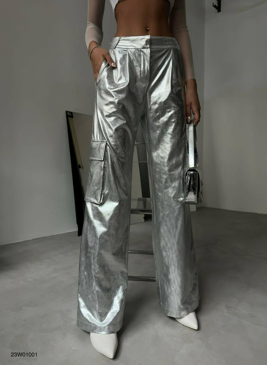 Cargo Pocket Metallic Pants - Silver
