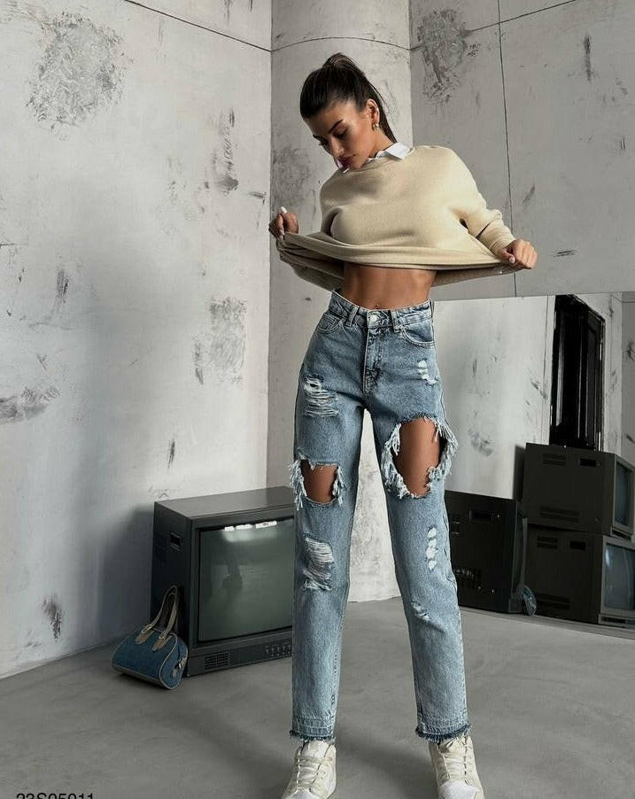 Ripped Mom Jeans with Laser Cut Detail Light Blue - Noxlook