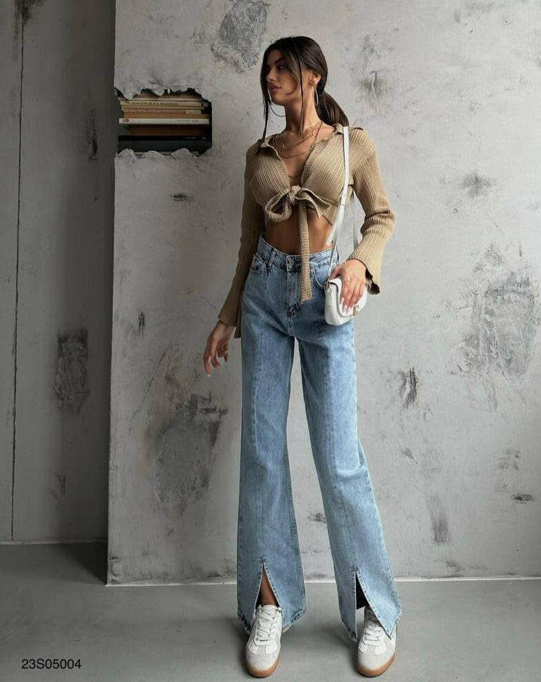 High Waist Split Ankle Front Jean Light Blue - Noxlook.