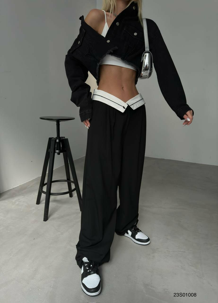 Folded Waist Trousers Palazzo Pants Fold Over Waistband Tailored Trousers in Black - Noxlook.