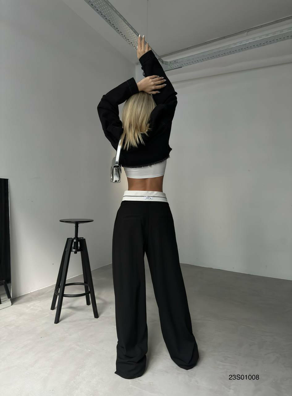 Folded Waist Trousers Palazzo Pants Fold Over Waistband Tailored Trousers in Black - Noxlook.