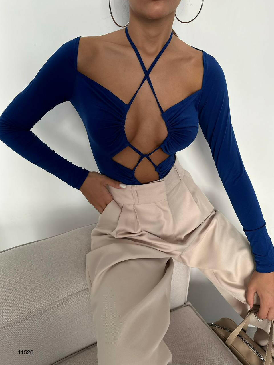 Blue Ruched Detail Plunging Bodysuit.