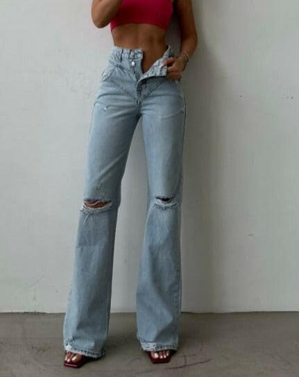 High Waist Button Detail Ripped Model on Knee and Different Model on Backside Jean SQ1075-2 LIGHT BLUE.