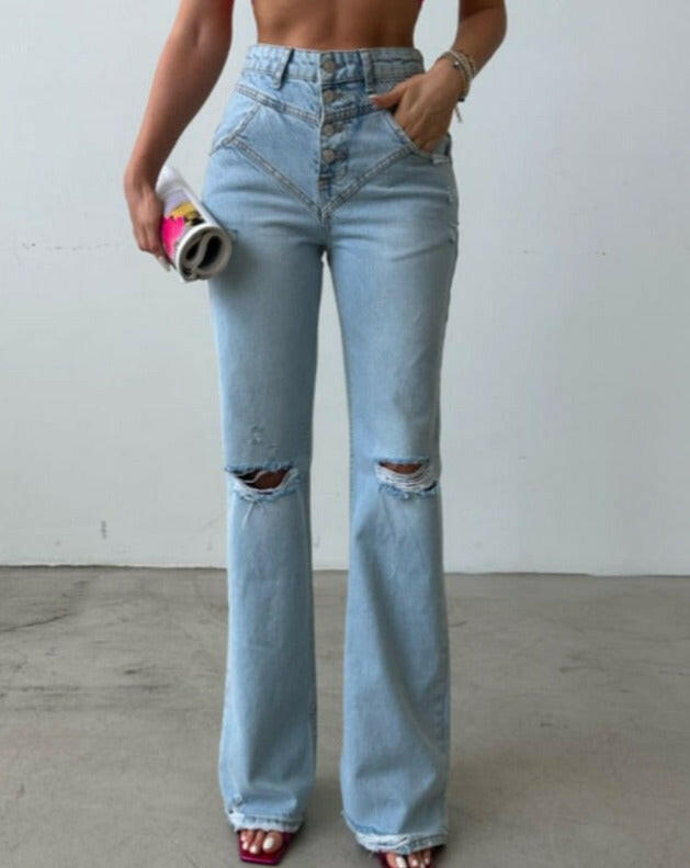 High Waist Button Detail Ripped Model on Knee and Different Model on Backside Jean SQ1075-2 LIGHT BLUE.