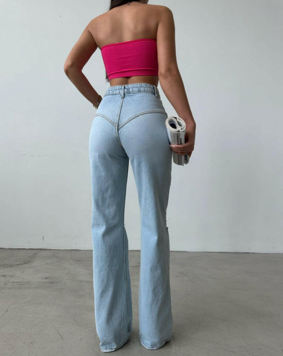 High Waist Button Detail Ripped Model on Knee and Different Model on Backside Jean SQ1075-2 LIGHT BLUE.