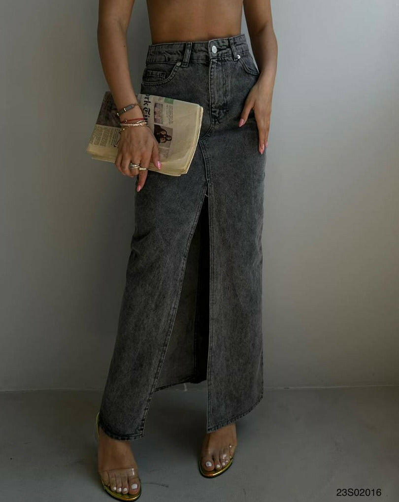 Denim Maxi Skirt Front Slit BF23S02016 Grey.