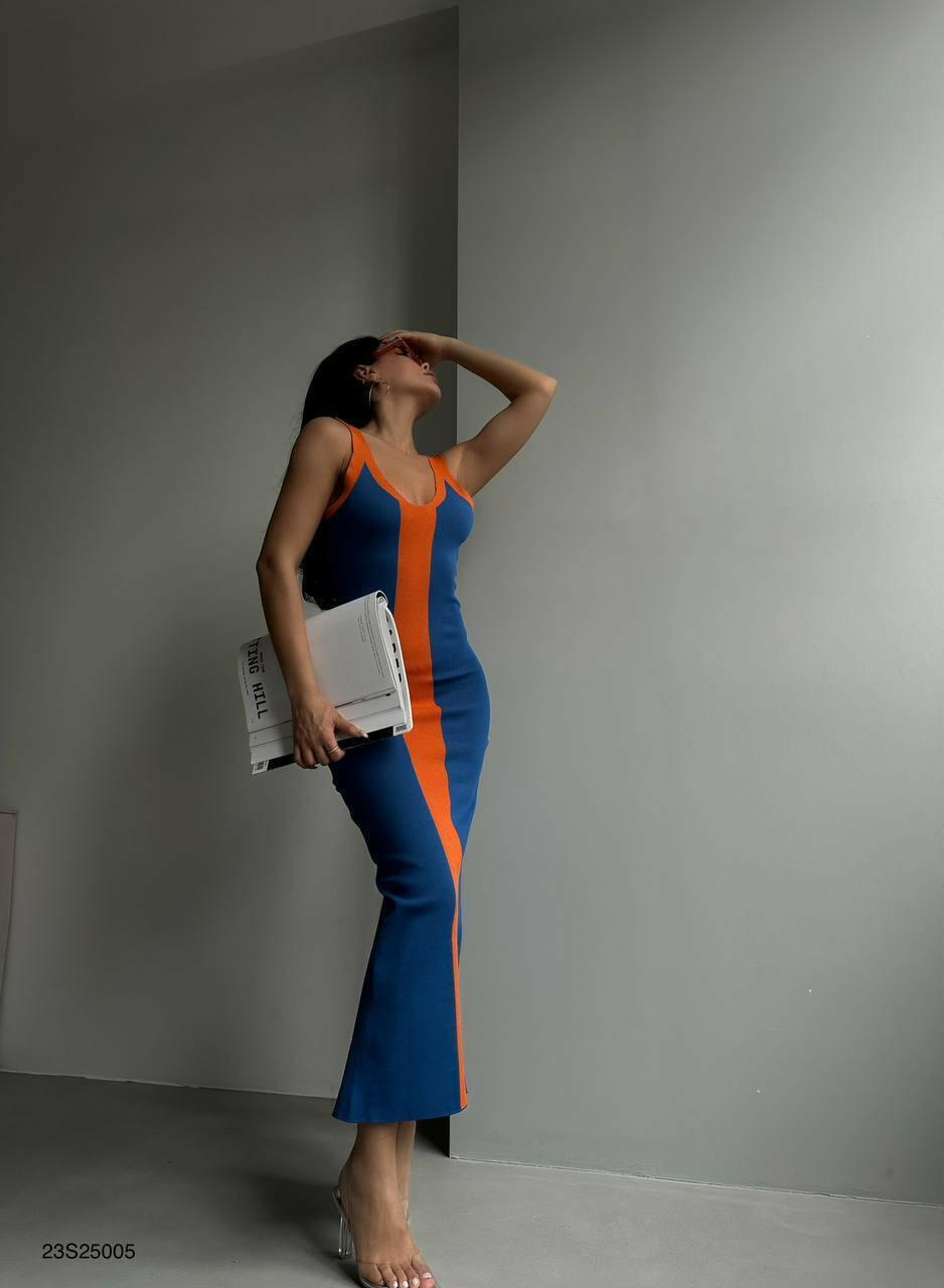 Double Color Back Slit Side Detail Dress BF23S25005 Blue-Orange.