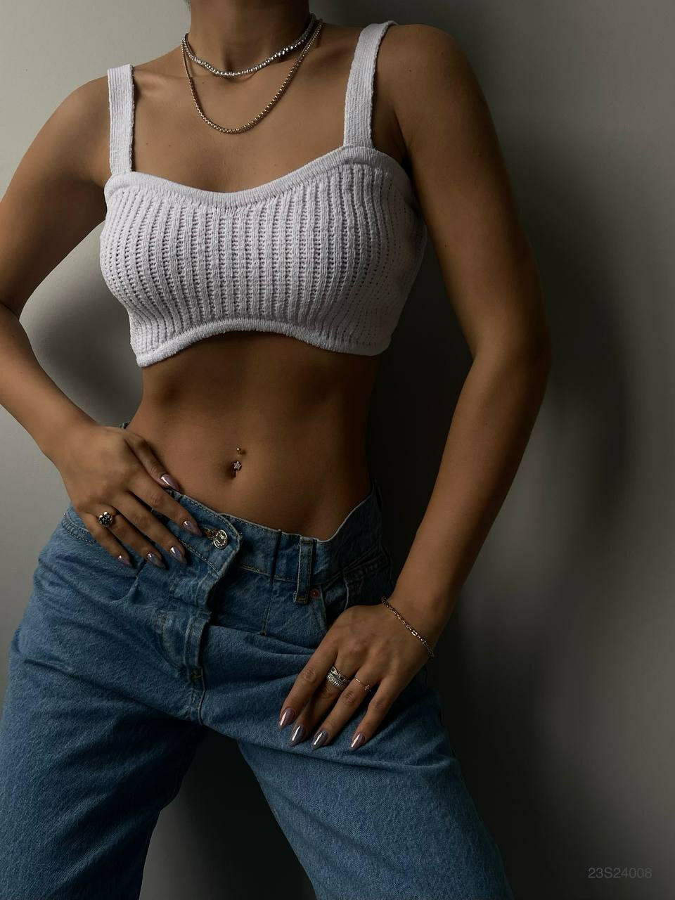 Thick Strap Knit Top Pattern Summer Cropped Top Bra BF23S24008 White