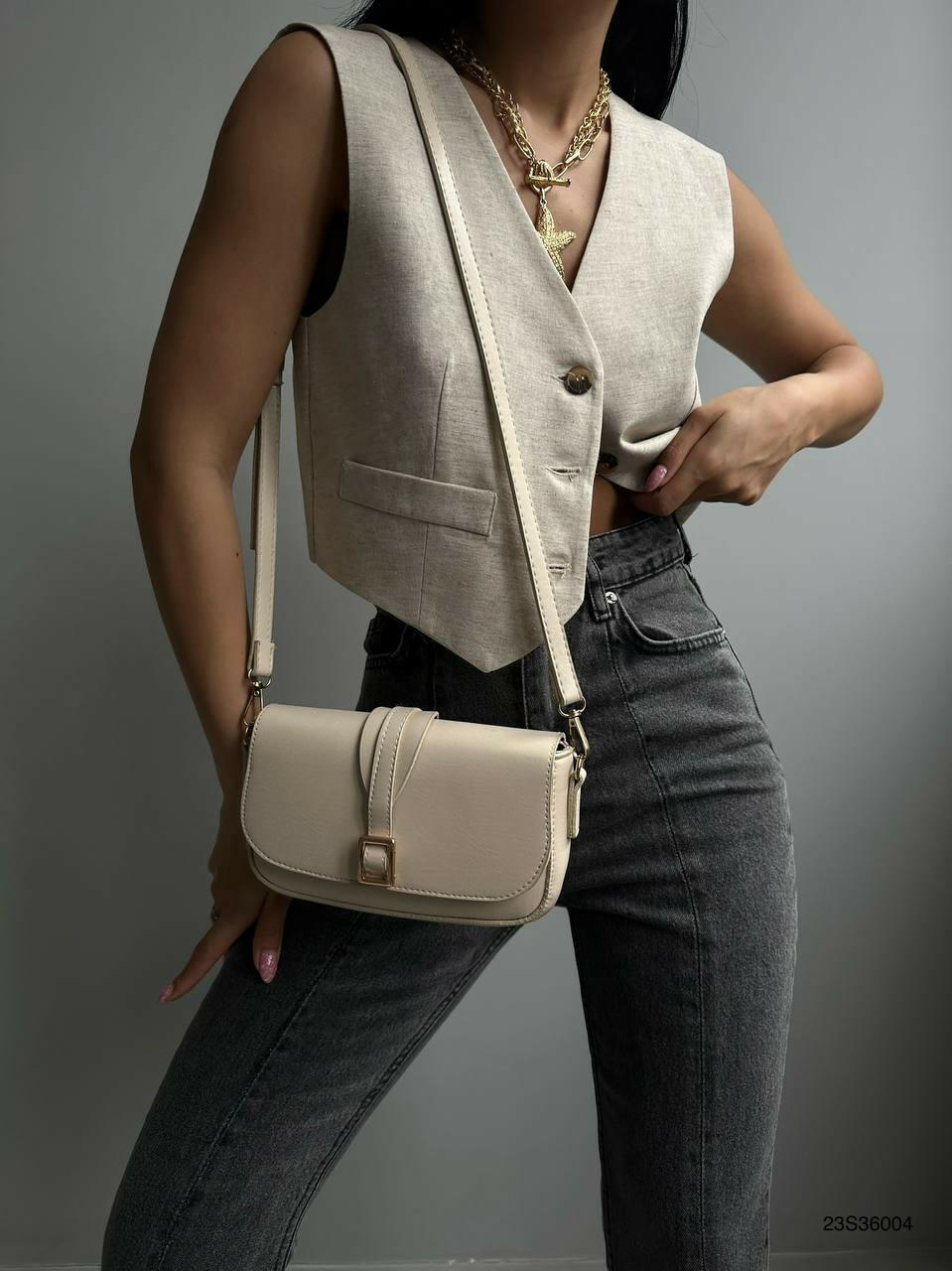 Buckle Shoulder Strap Leather Bag BF23S36004 Beige.