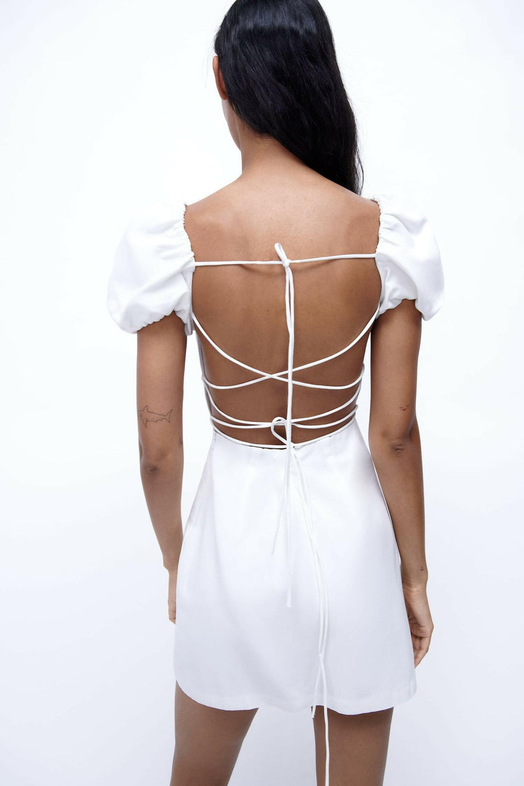 Adjustable Plain White Dress with Drawstring Back White