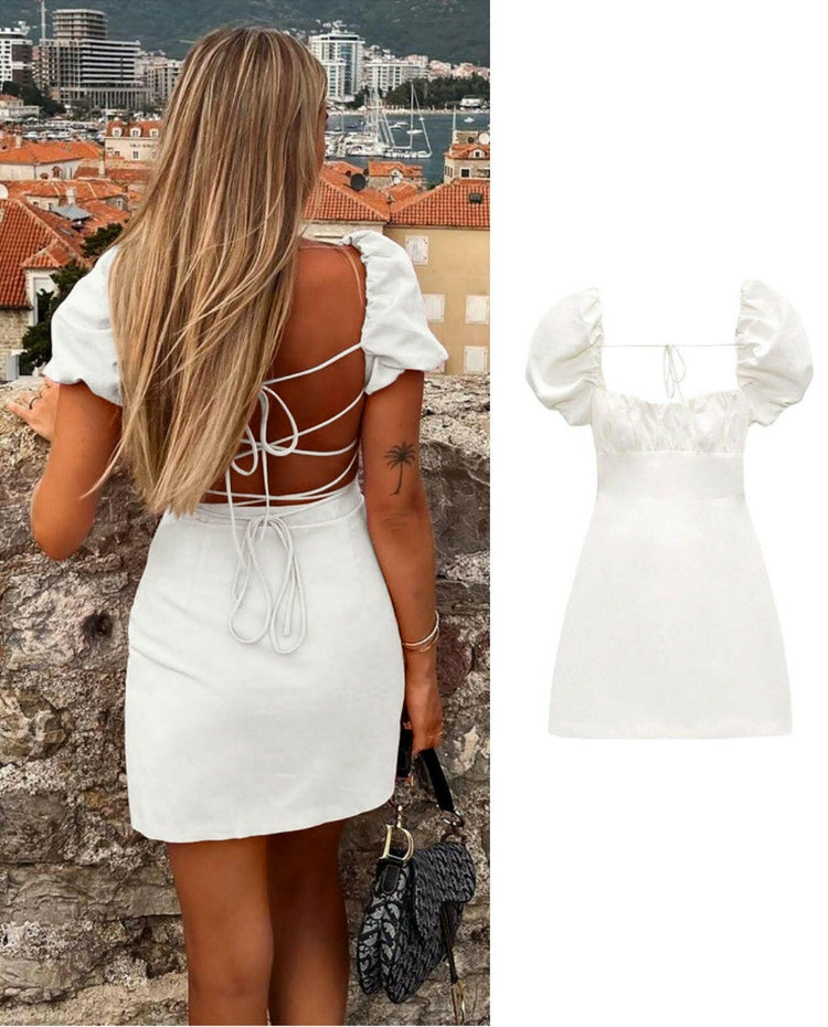 Adjustable Plain White Dress with Drawstring Back White.