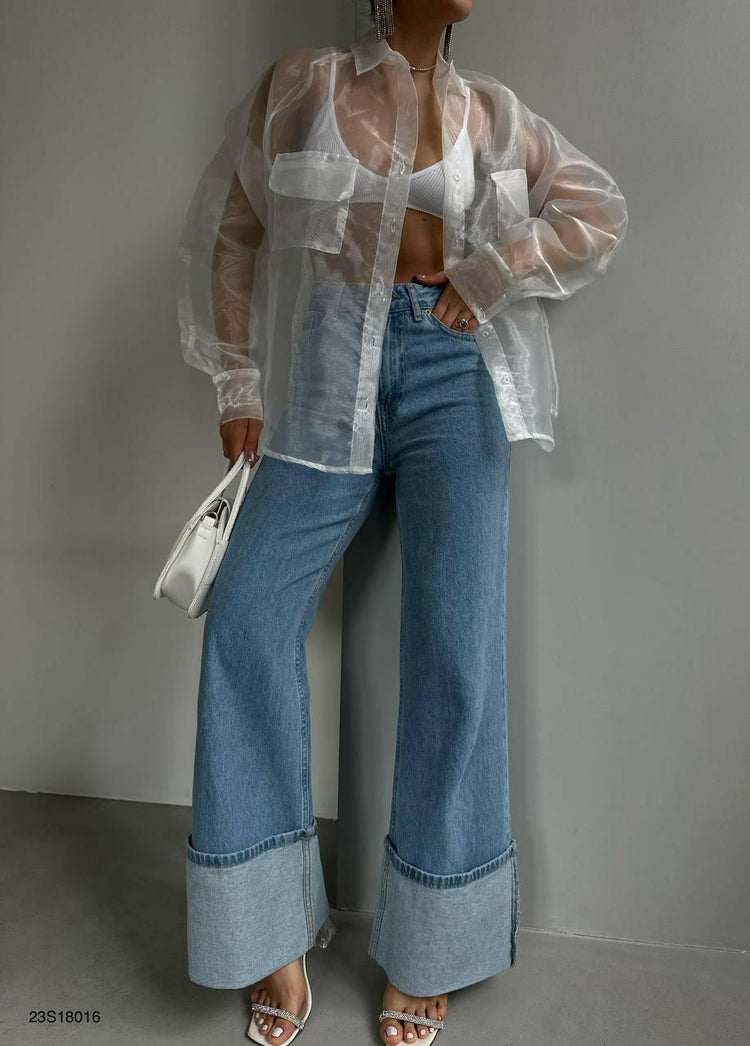 Pocket Detail Organza Oversize Shirt BF23S18016 White.